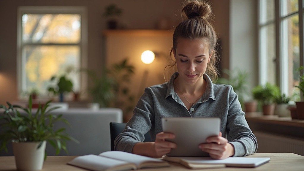 Volwassene die Nederlands studeert met behulp van interactieve lessen op een tablet in een comfortabele huisomgeving