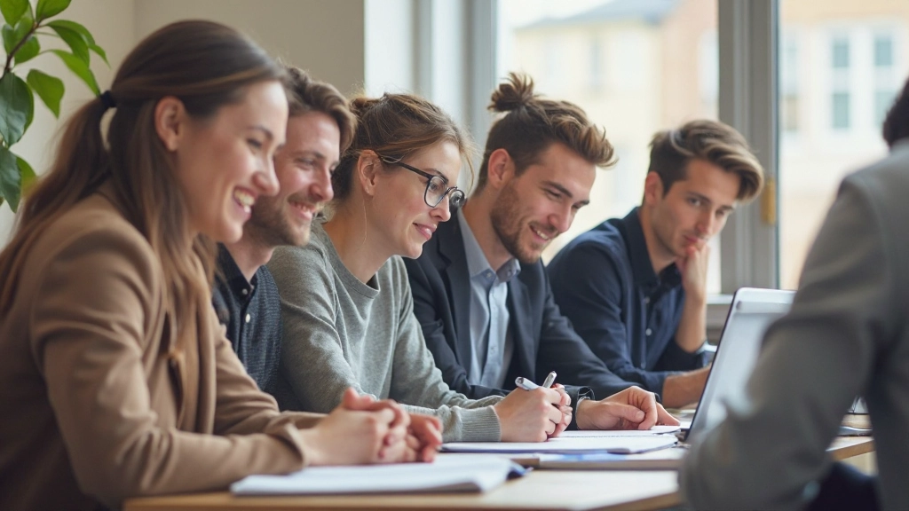 Groep volwassenen die Nederlands spreken in een moderne klasruimte met enthousiasme en concentratie